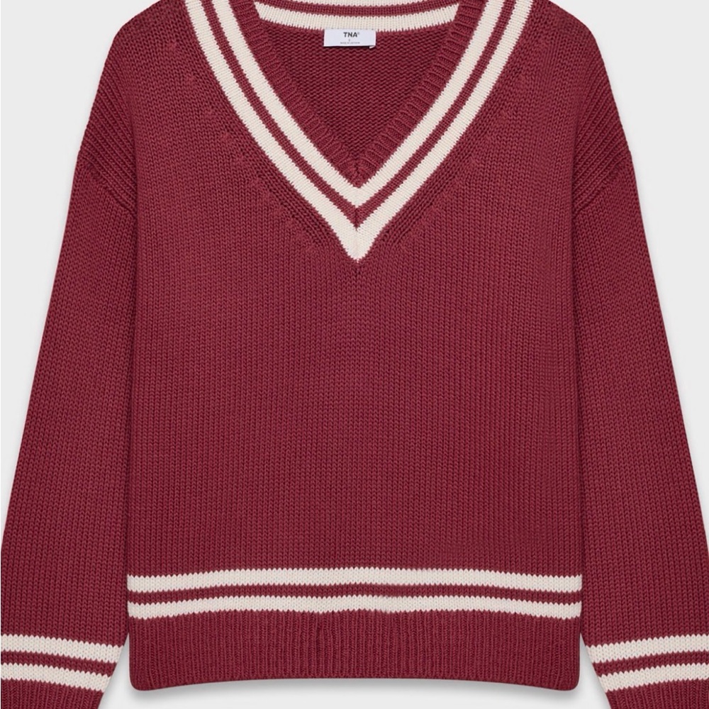 TNA Burgundy and White V-Neck Sweater - Picture 4 of 6